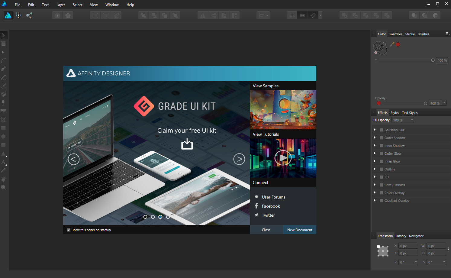 Affinity Designer Welcome Screen