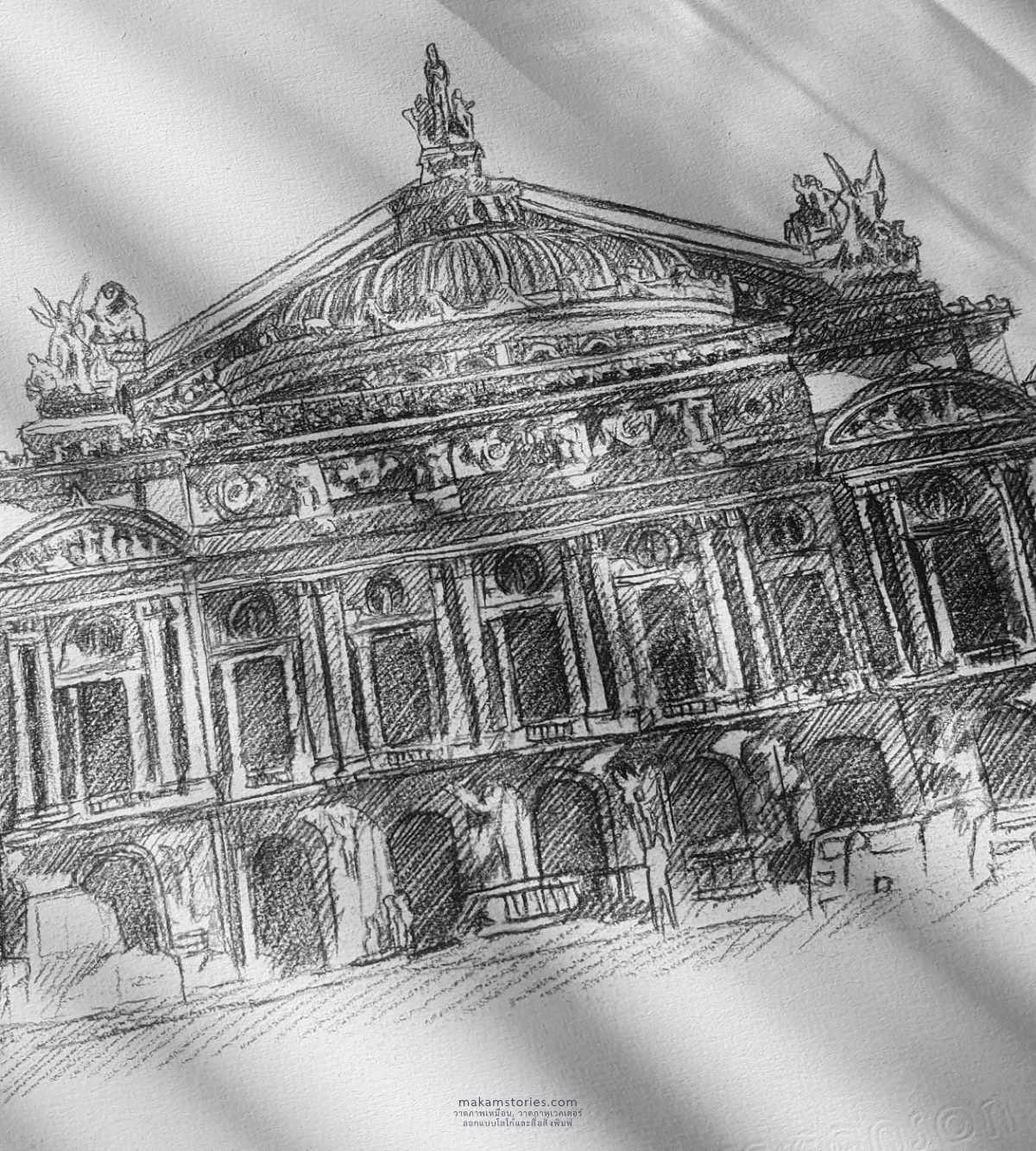 ผลงานวาดภาพเหมือนสถานที่ สไตล์ลายเส้นดินสอ