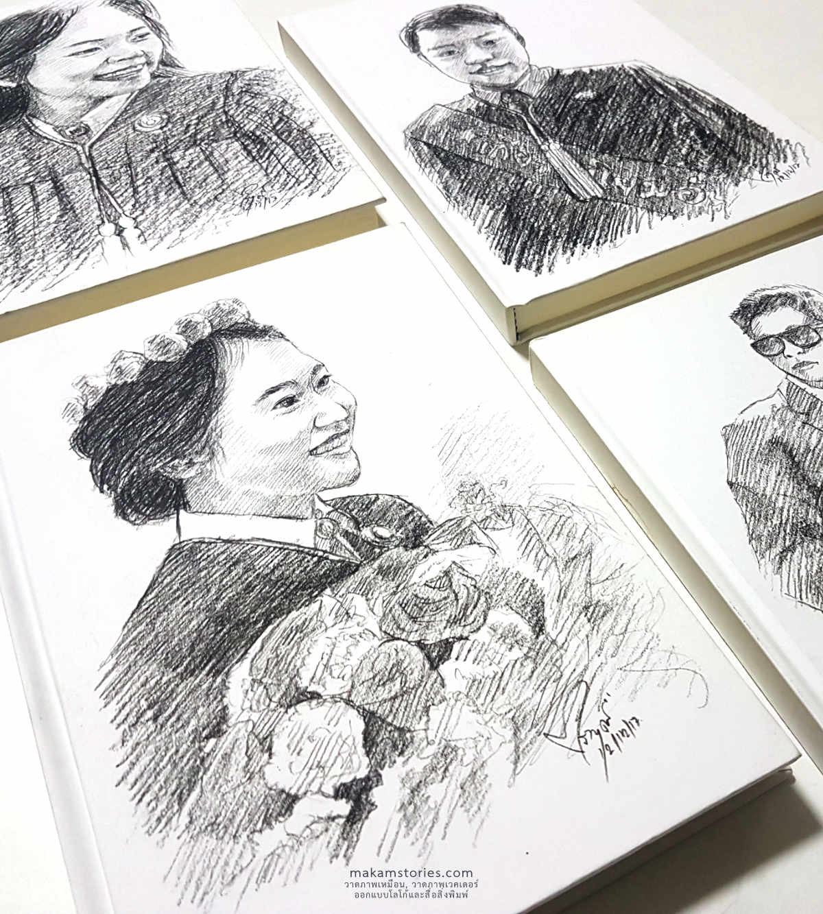 วาดภาพเหมือนลายเส้นดินสอ ลงบนปกสมุดที่ระลึกเนื่องในงานรับปริญญา