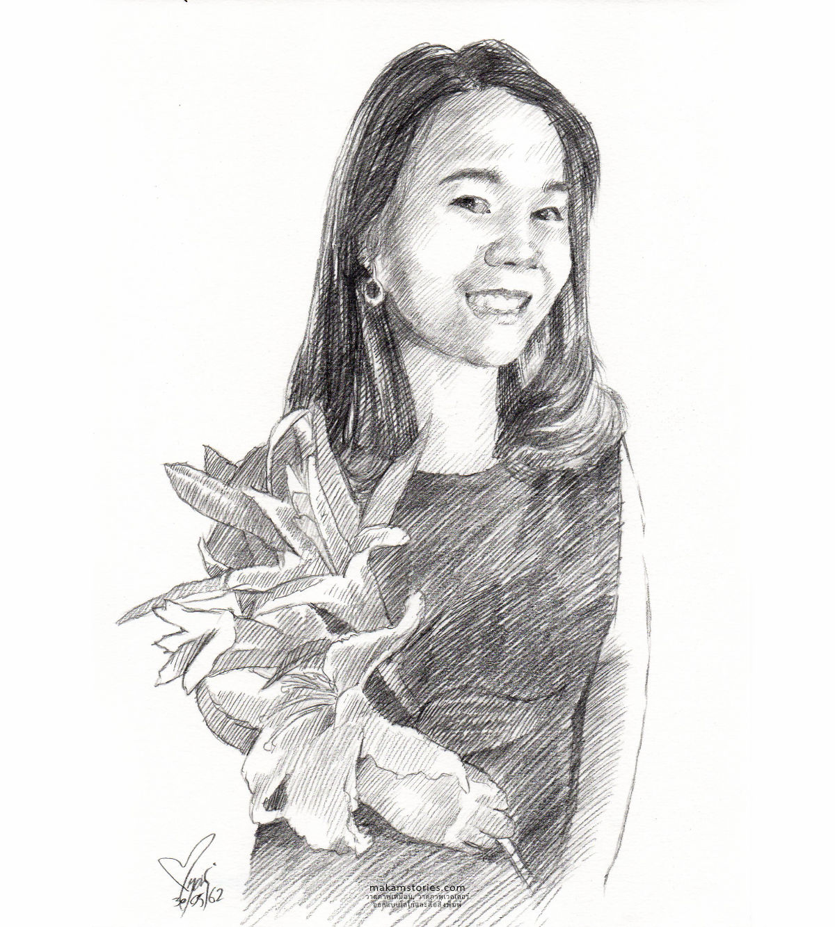 ภาพเหมือนลายเส้น วาดภาพเหมือนลายเส้นดินสอลักษณะผู้หญิงถือดอกไม้