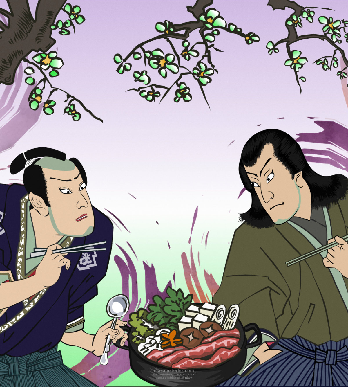 ภาพวาด illustration สไตล์ญี่ปุ่นเพื่อนำไปพิมพ์เป็นลายวอลล์เปเปอร์ติดผนังร้านชาบู