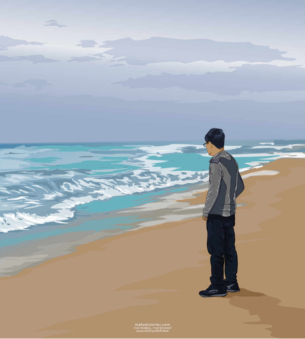 วาดภาพเหมือนเวคเตอร์ ภาพวาดผู้ชายมีฉากพื้นหลังเป็นชายหาดและท้องฟ้า