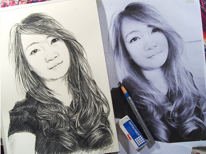 เปรียบเทียบความเหมือน ในการวาดภาพเหมือนลายเส้น ระหว่างภาพต้นแบบกับภาพวาดลายเส้น