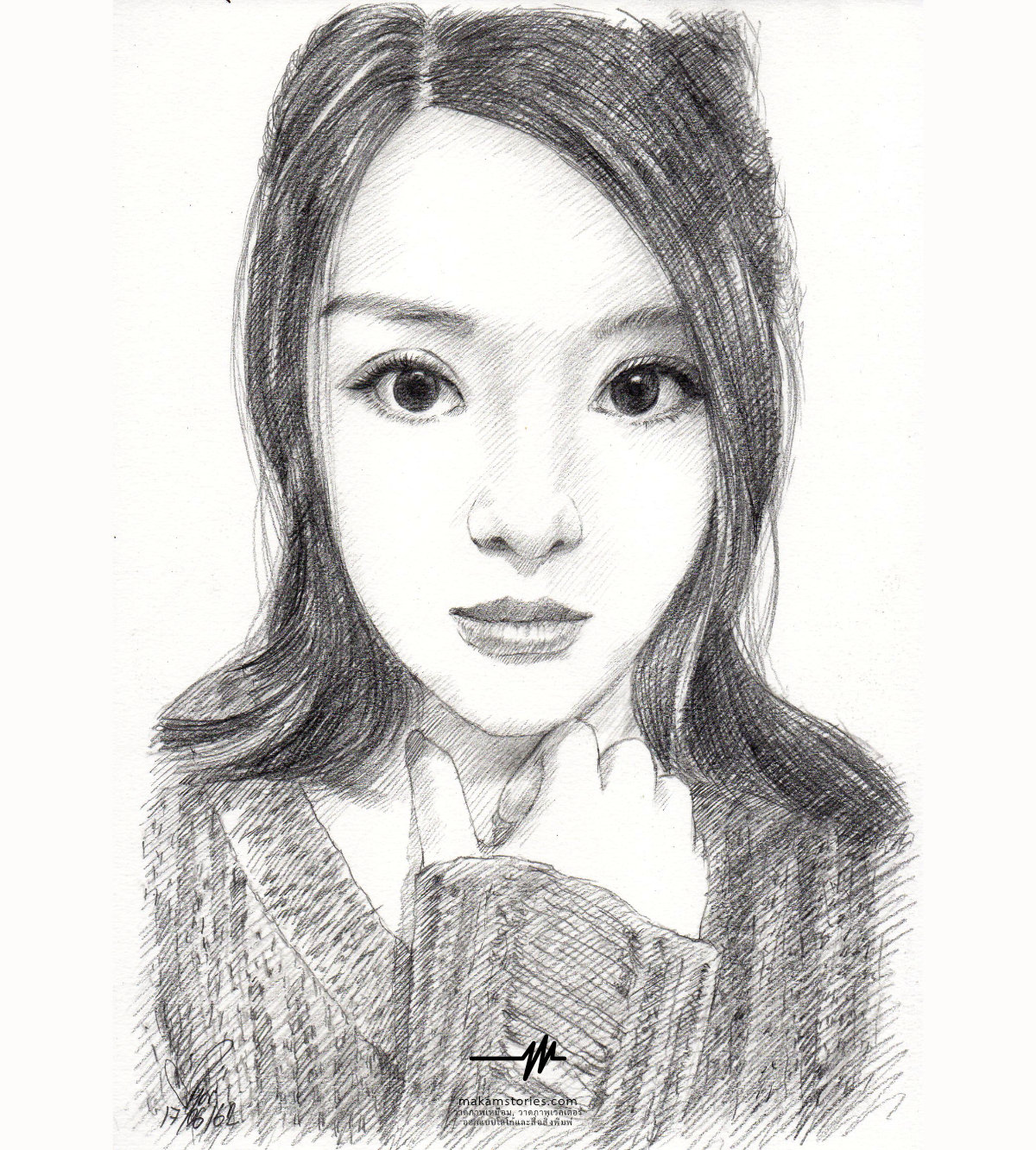 ผลงานวาดภาพลายเส้นดินสอ ภาพเหมือนลายเส้นผู้หญิง