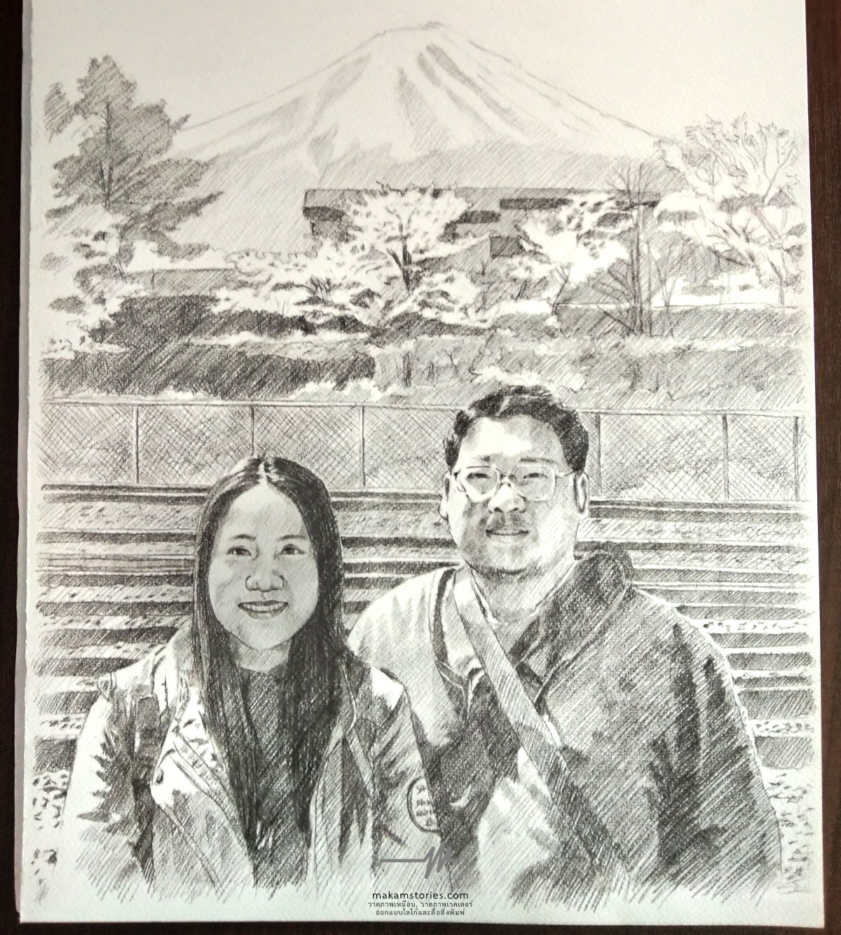 ผลงานวาดภาพเหมือนลายเส้นคู่รักพร้อมฉากหลัง (Drawing Portrait)