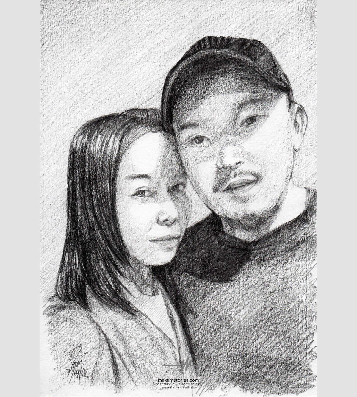 วาดภาพเหมือนลายเส้นดินสอ ภาพเหมือนคู่รัก ภาพเหมือนสำหรับของขวัญวันเกิด
