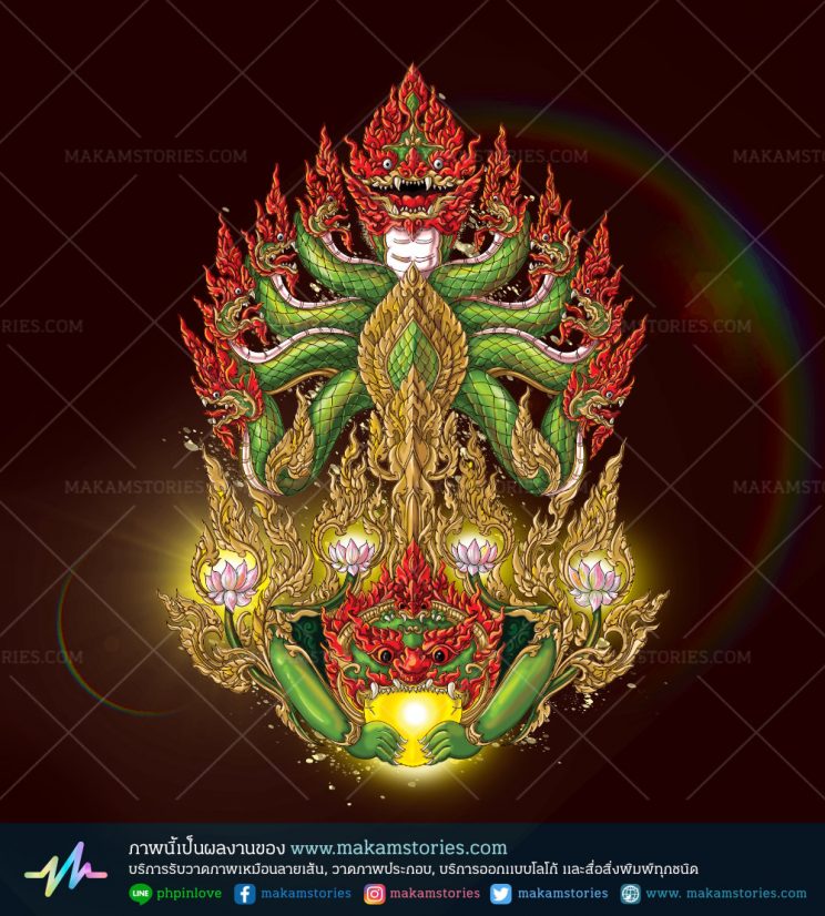 ผลงานวาดภาพราหูองมจันทร์ และพญานาค 9 เศียร