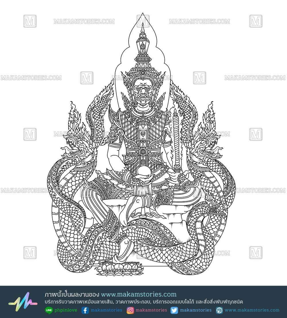 ภาพวาดลายเส้นเวกเตอร์ ท้าวเวสสุวรรณ พญานาค