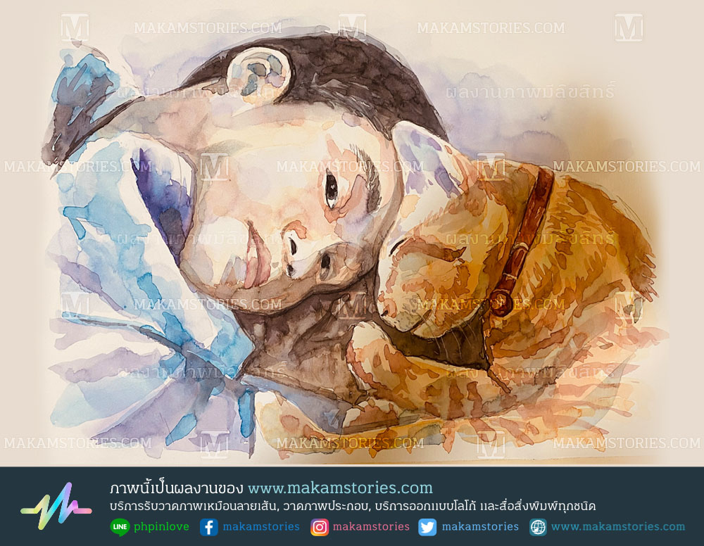 วาดภาพเหมือนสีน้ำ วาดภาพคนกับแมว Water Color Portrait
