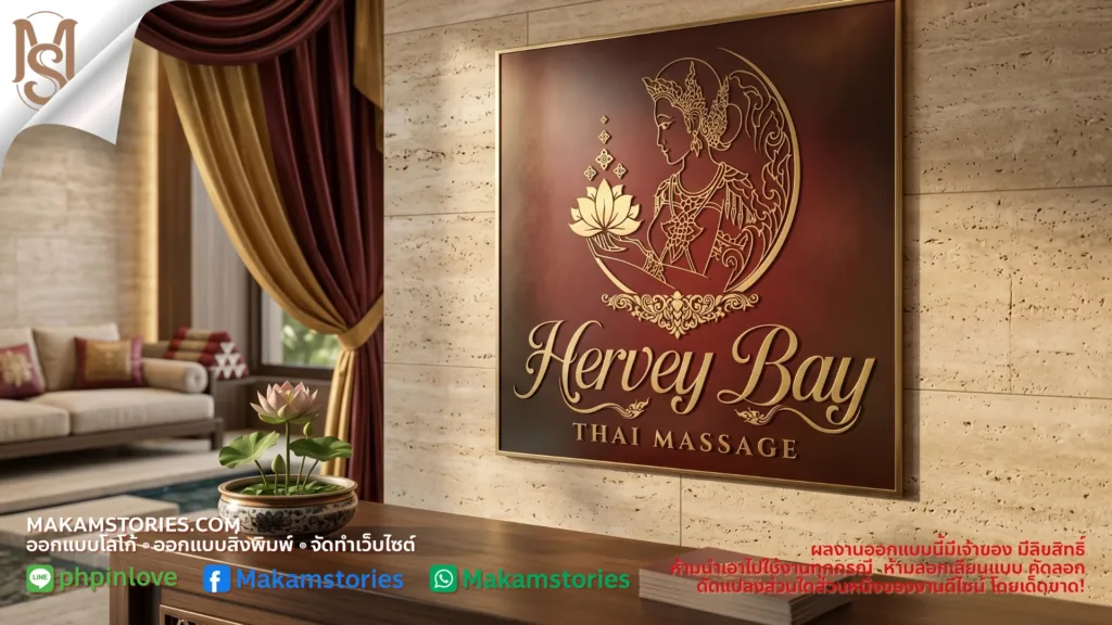 โลโก้ร้านนวดไทย Hervey Bay Thai Massage สีทองแดงเข้ม ดีไซน์โลโก้ผู้หญิงชุดไทยถือดอกบัวและโลโก้ลายไทย ผลงานรับออกแบบโลโก้ร้านนวดไทยในต่างประเทศ