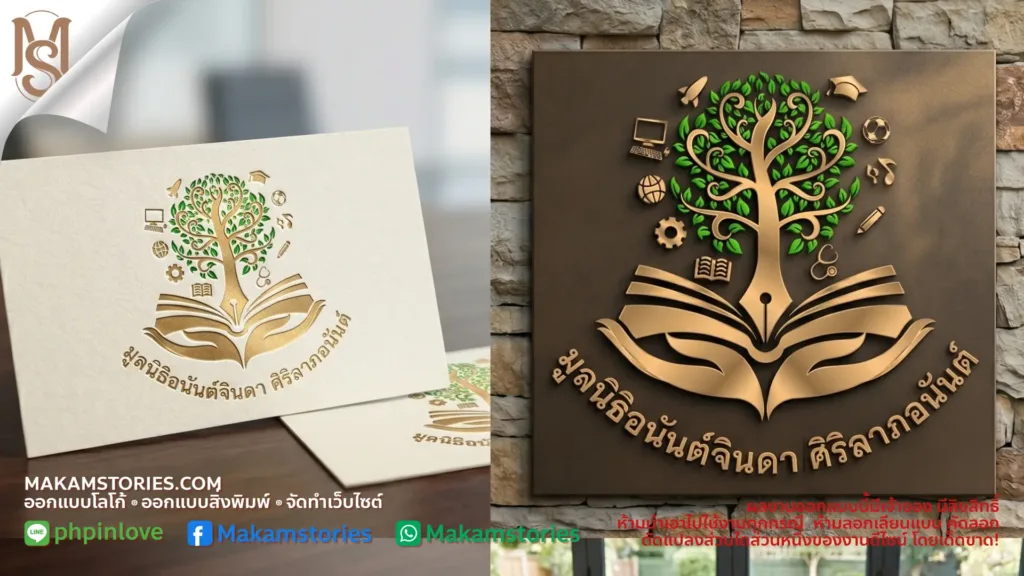 รับออกแบบโลโก้องค์กร ป้ายสลักนูนโลโก้มูลนิธิสีทองบนผนังหินธรรมชาติ