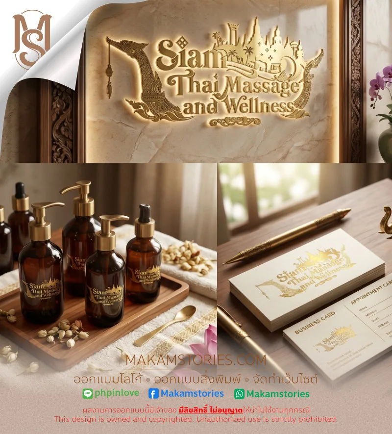 ผลงานรับออกแบบโลโก้ร้านนวดแผนไทยและสปา Siam Thai Massage and Wellness สไตล์ไทยร่วมสมัย สีทองหรูหรา
