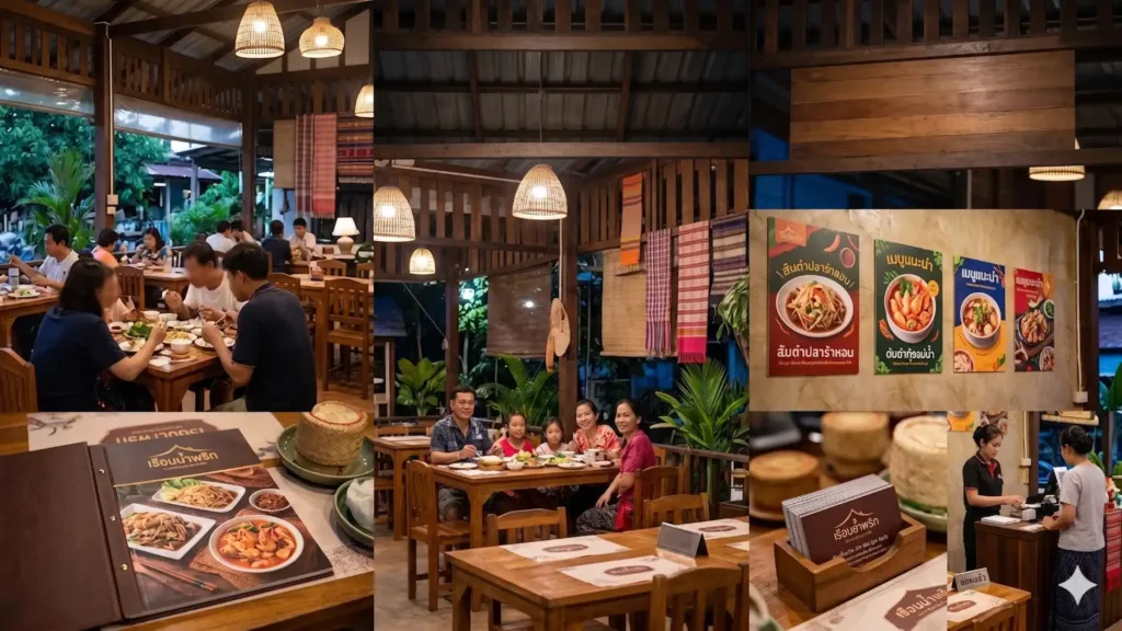 ตัวอย่างบรรยากาศภายในร้านอาหารไทย ที่แสดงถึงโทนสีที่เข้ากันกับธุรกิจ