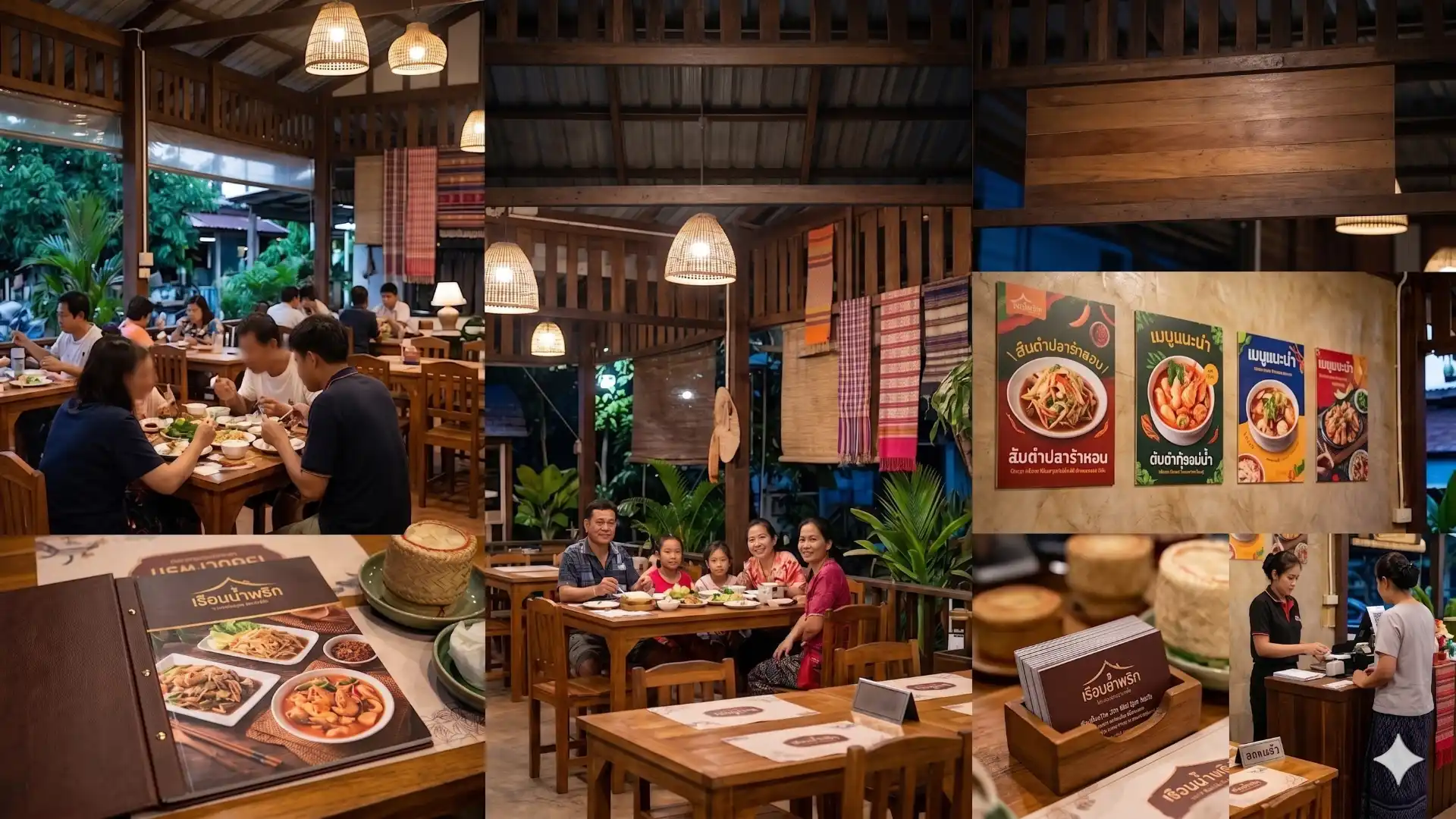 ตัวอย่างบรรยากาศภายในร้านอาหารไทย ที่แสดงถึงโทนสีที่เข้ากันกับธุรกิจ