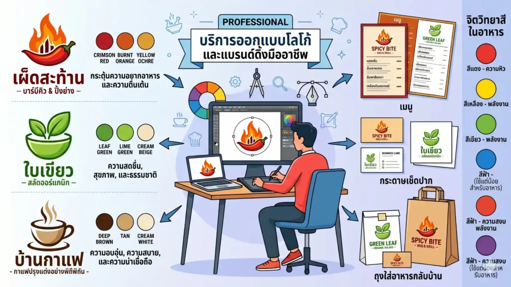 ตัวอย่างโทนสีที่เหมาะสมสำหรับการใช้ในการออกแบบโลโก้และสื่อสิ่งพิมพ์ร้านอาหาร