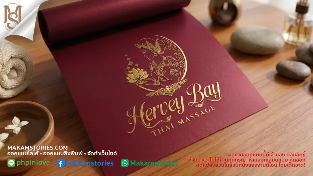 โลโก้ร้านนวดไทย Hervey Bay Thai Massage สีทองแดงเข้ม ดีไซน์โลโก้ผู้หญิงชุดไทยถือดอกบัวและโลโก้ลายไทย ผลงานรับออกแบบโลโก้ร้านนวดไทยในต่างประเทศ