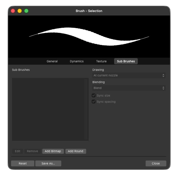 หน้าต่างการตั้งค่า Sub Brush | หน้าต่างการตั้งค่า Texture | การตั้งค่า Brush (ในส่วนของ Pixel Persona) ของโปรแกรม Affinity