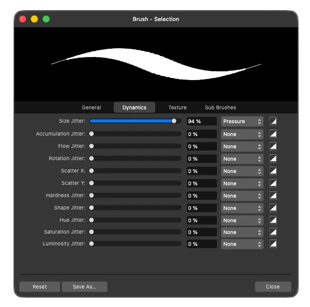 หน้าต่างการตั้งค่า Dyanamics การตั้งค่า Brush (ในส่วนของ Pixel Persona) ของโปรแกรม Affinity Dyamics