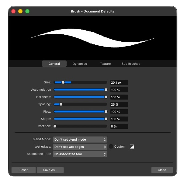 หน้าต่างการตั้งค่า General การตั้งค่า Brush (ในส่วนของ Pixel Persona) ของโปรแกรม Affinity