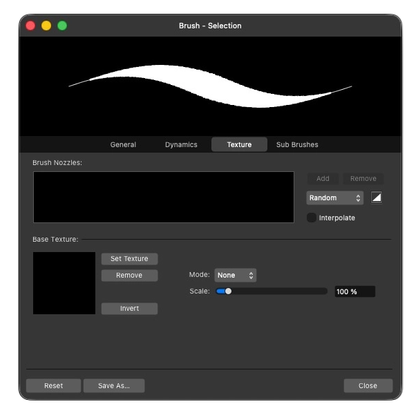 หน้าต่างการตั้งค่า Texture | การตั้งค่า Brush (ในส่วนของ Pixel Persona) ของโปรแกรม Affinity Texture