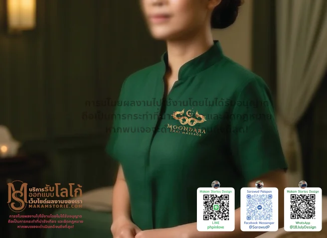 ตัวอย่างม็อกอัพลายปักเสื้อ ออกแบบโลโก้ร้านนวดไทย โลโก้พญานาคคู่ โลโก้ลายไทย Thai Massage Logo